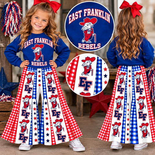 custom moq 5 mix size milk silk EAROML0102 Baby Girls Team Top Long Sleeve Red White Blue Bell Bottom Pants Set
