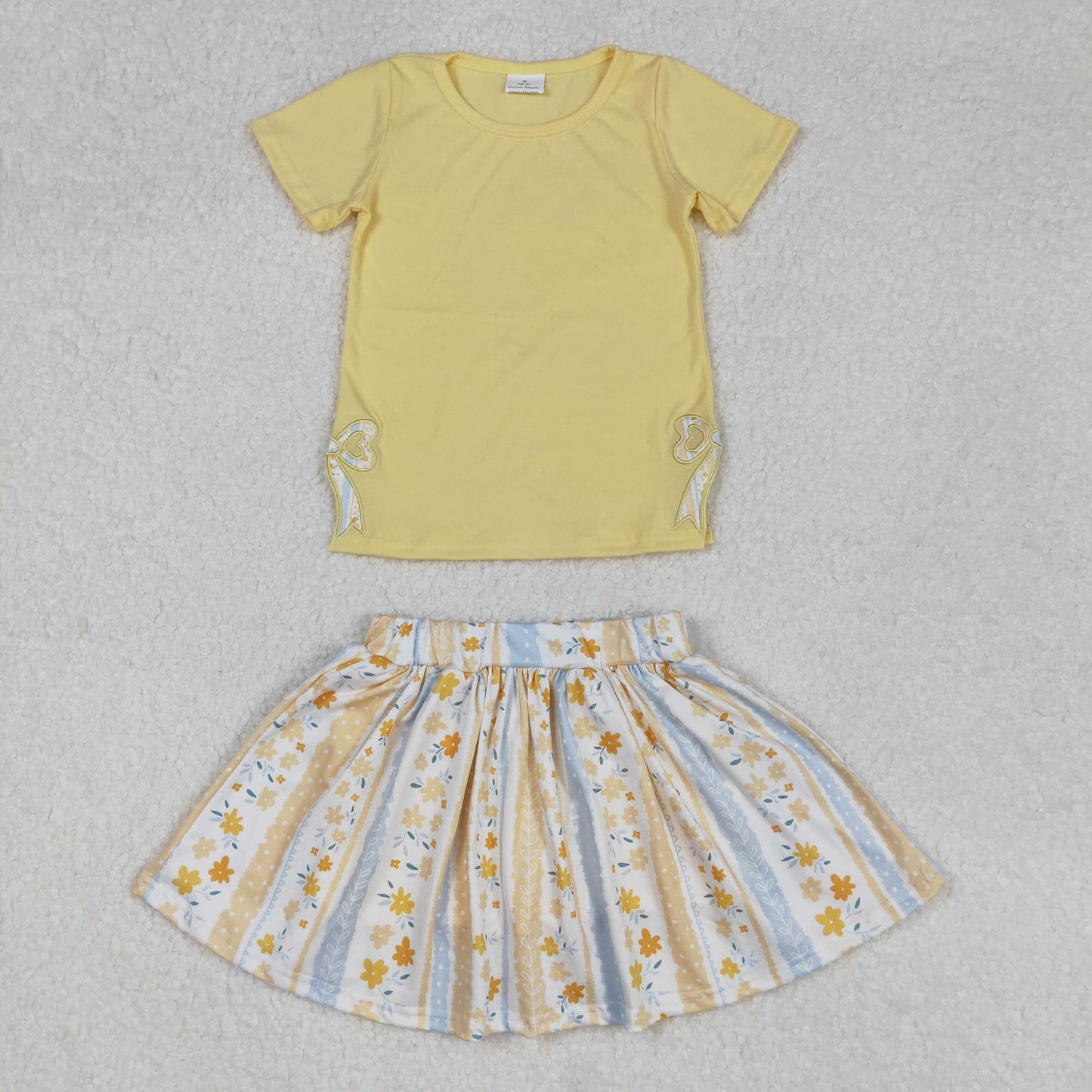 RTS NO MOQ ETA 5/7days Arrived GSD1716 Embroidered bow solid yellow short-sleeved flower striped culottes set