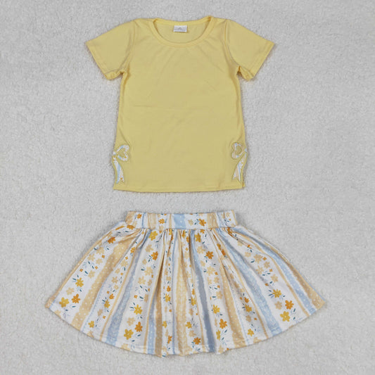 RTS NO MOQ ETA 5/7days Arrived GSD1716 Embroidered bow solid yellow short-sleeved flower striped culottes set