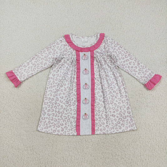 RTS NO MOQ（In Stock) GLD1054 Embroidered leopard print pumpkin bow long-sleeved pink lace dress