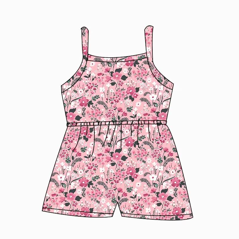 Custom moq 5 mix size milk silk summer baby girl clothes floral pink suspender jumpsuit-25.8.9