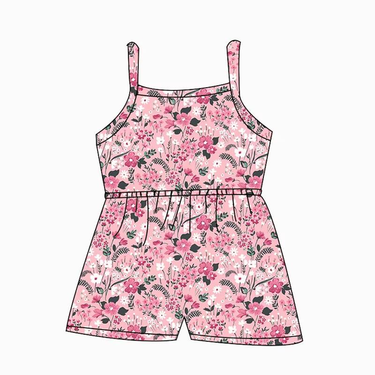 Custom moq 5 mix size milk silk summer baby girl clothes floral pink suspender jumpsuit-25.8.9
