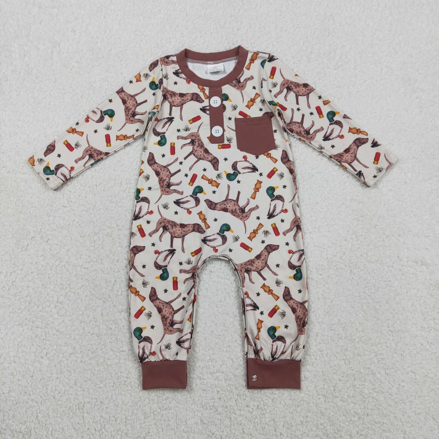 RTS NO MOQ（In Stock ) LR2576 Duck and Puppy Brown Pocket Button Long-Sleeve Jumpsuit