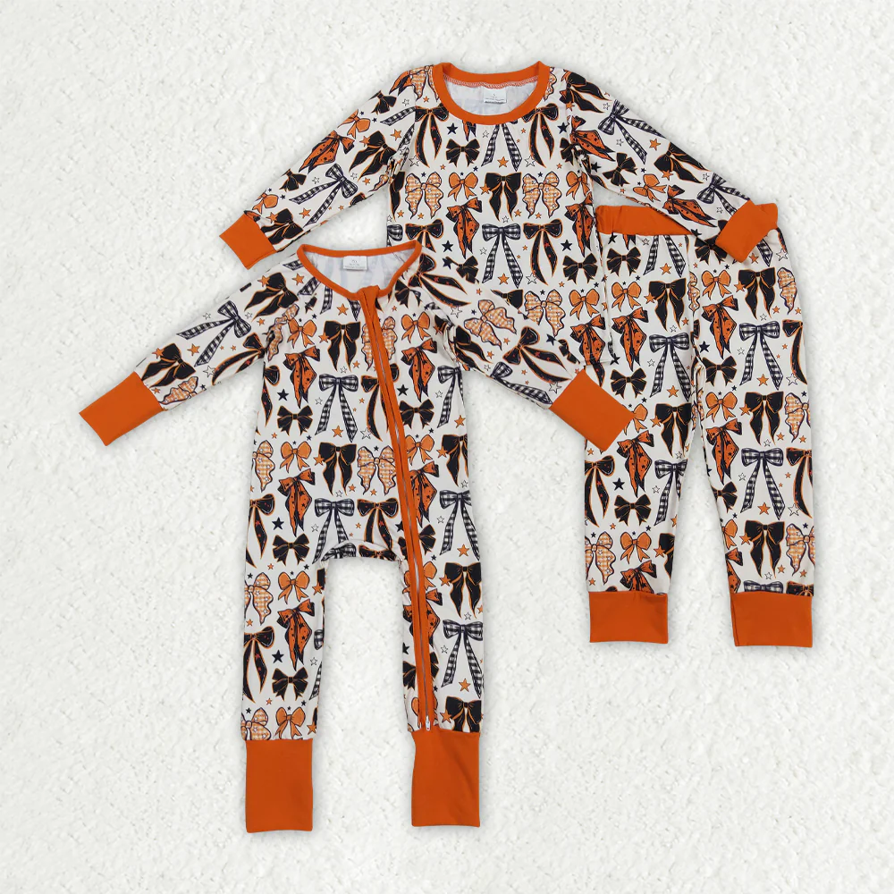 RTS Sibling baby girl clothes halloween pumpkin bow long Sleeve pants sets and rompers