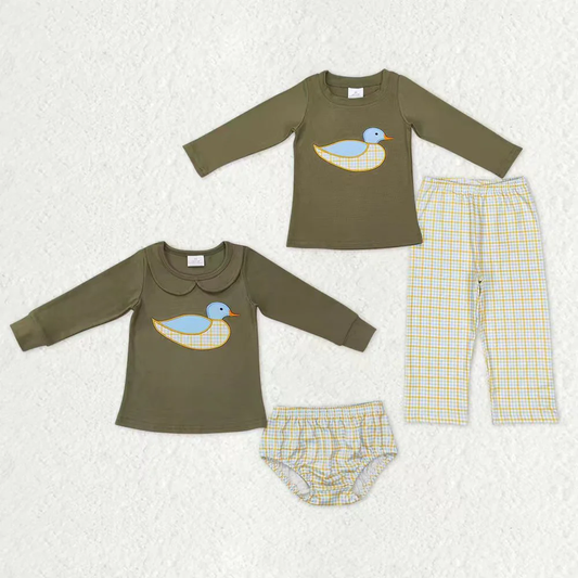 RTS NO MOQ Sibling Baby boy girl clothes embroidery duck long-sleeved trousers suits and briefs sets