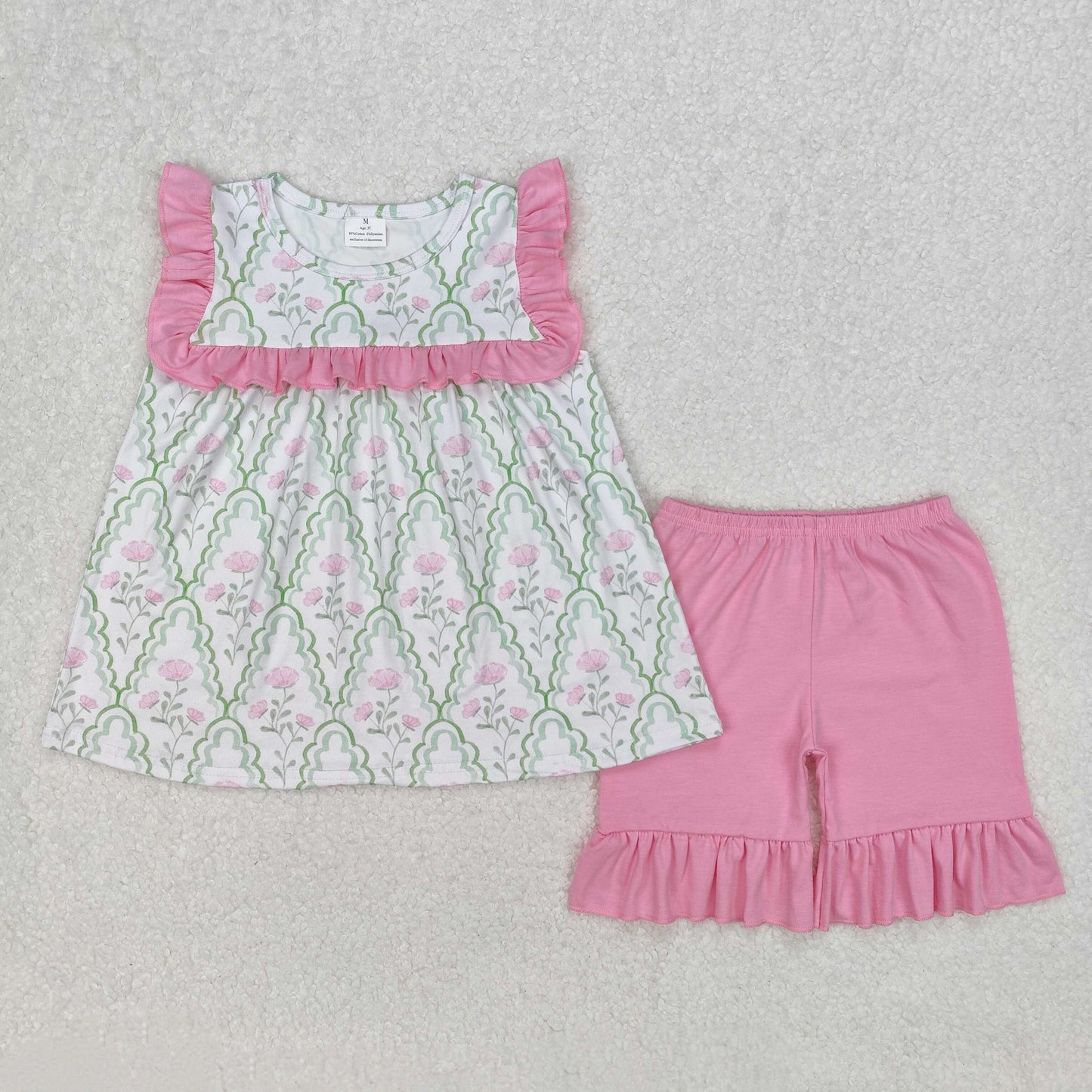RTS NO MOQ ETA 5/7days Arrived GSSO2013 Flower Leaf Green Plaid Pink Lace Sleeveless Shorts Set
