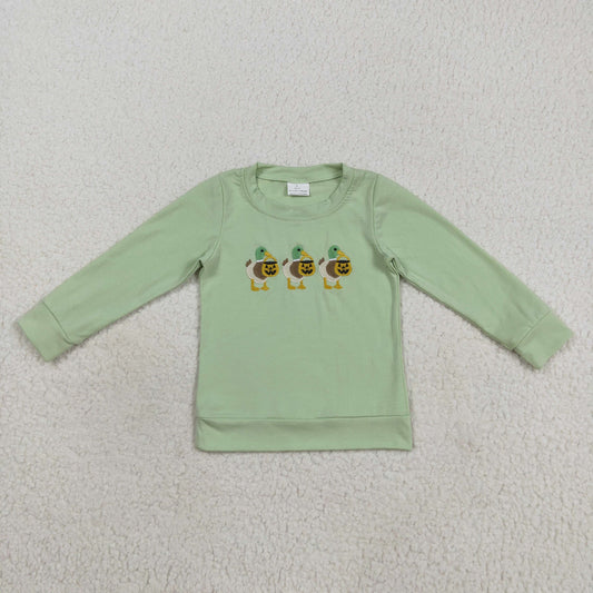 RTS NO MOQ（In Stock) BT1278 Embroidered Halloween lantern duck green long-sleeved top