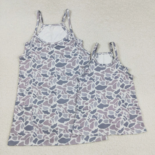 Best Sell RTS Mama And Me Strap Yoga Shorts with Gray Camo Print And Pockets for Matching Mommy And Me Outfits
