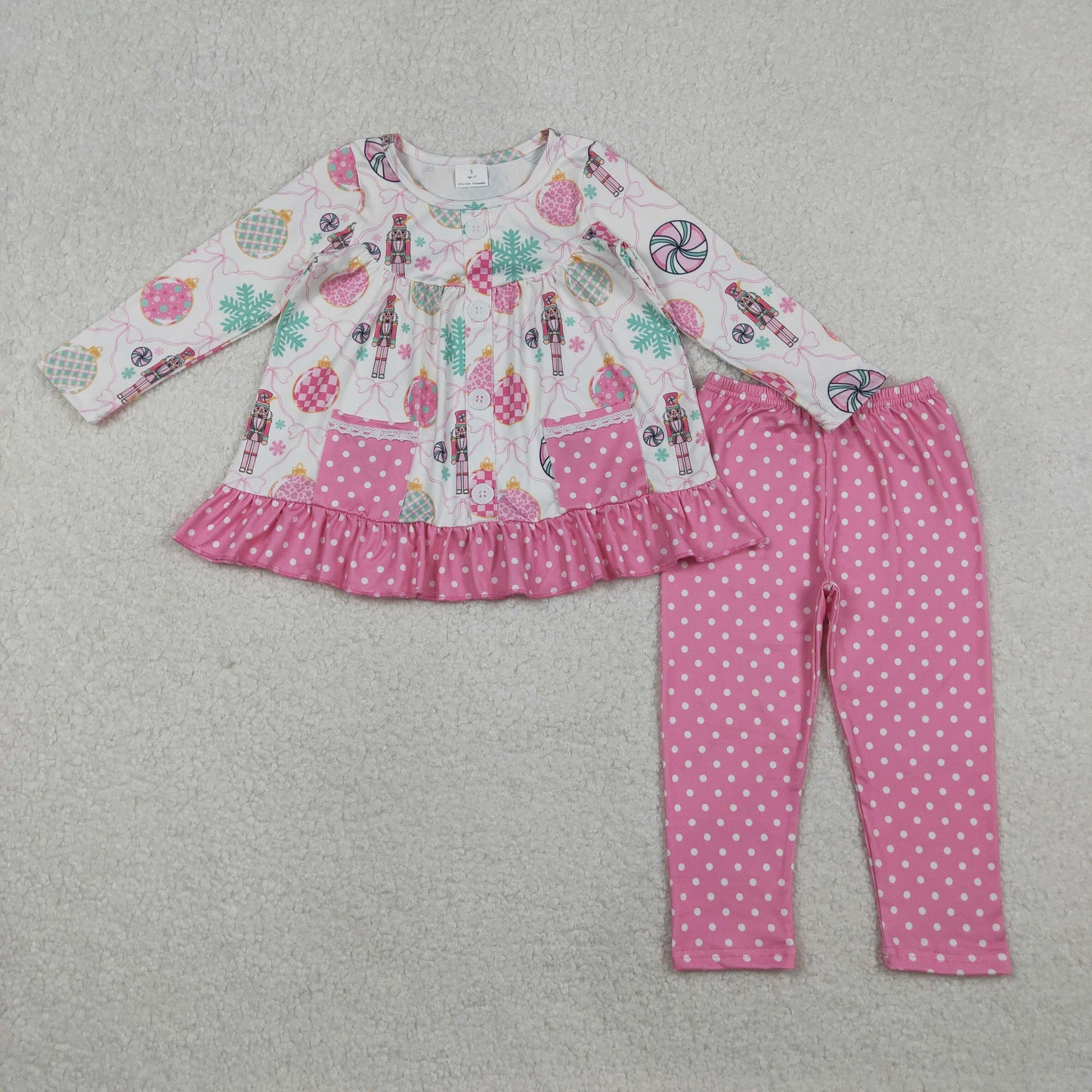 RTS NO MOQ（In Stock) GLP2932 Nutcracker Lollipop Bow Lace Pocket Polka Dot Rose Red Lace Long-Sleeved Pants Set