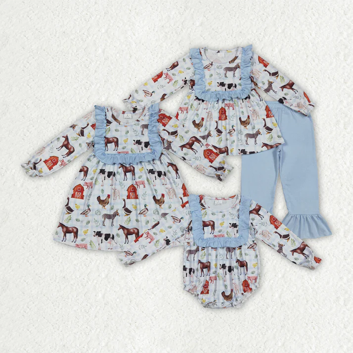RTS Sibling baby girls clothes farm long Sleeve pants sets and dress and rompers
