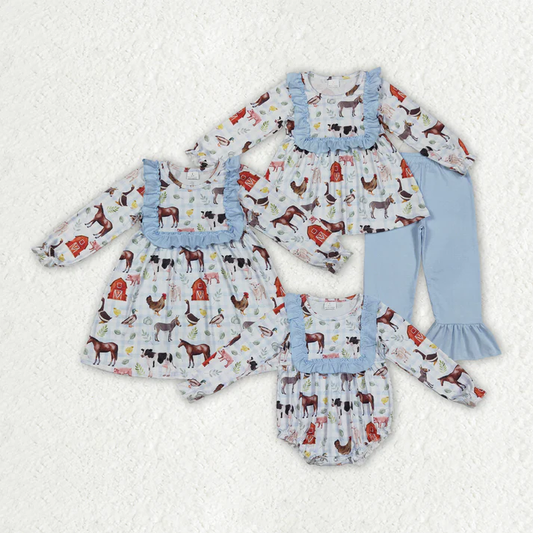 RTS Sibling baby girls clothes farm long Sleeve pants sets and dress and rompers