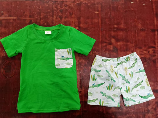 custom moq 5 eta 5weeks mix size Summer boys clothes Crocodile green short sleeve shorts sut