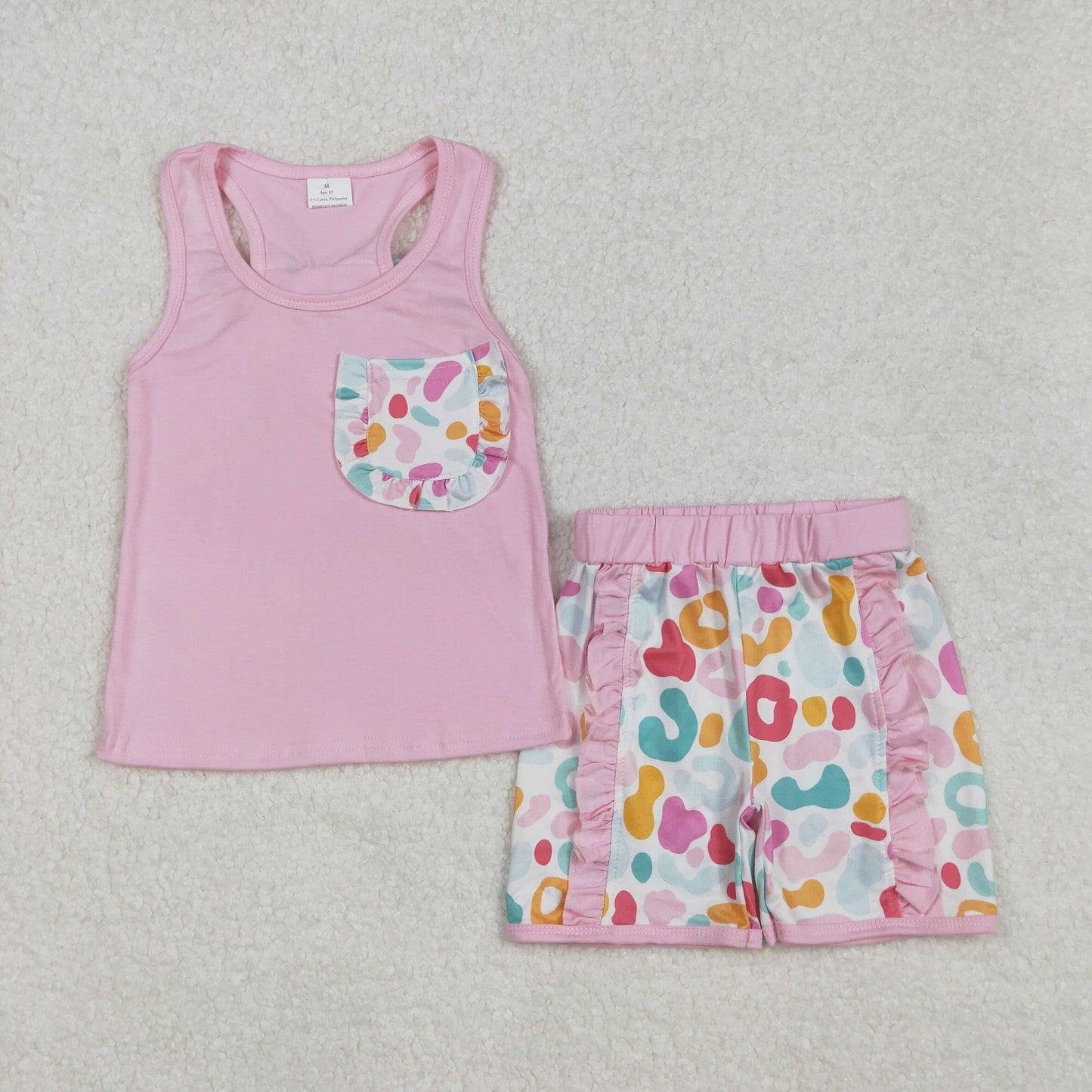 RTS NO MOQ ETA 5/7days Arrived GSSO1981 Colorful leopard lace pocket bow solid pink vest shorts set