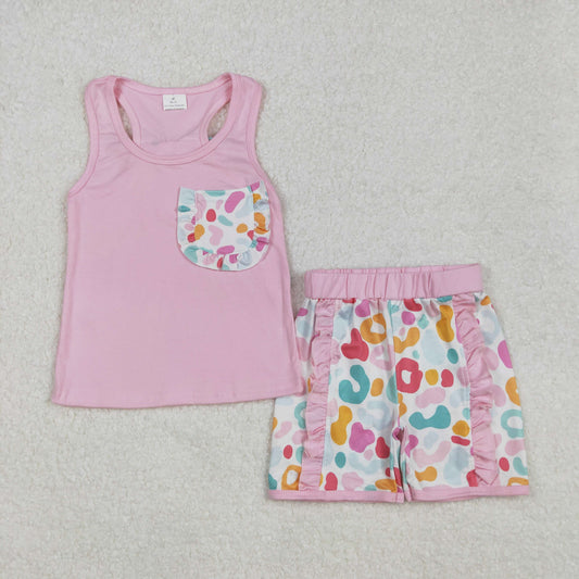 RTS NO MOQ ETA 5/7days Arrived GSSO1981 Colorful leopard lace pocket bow solid pink vest shorts set