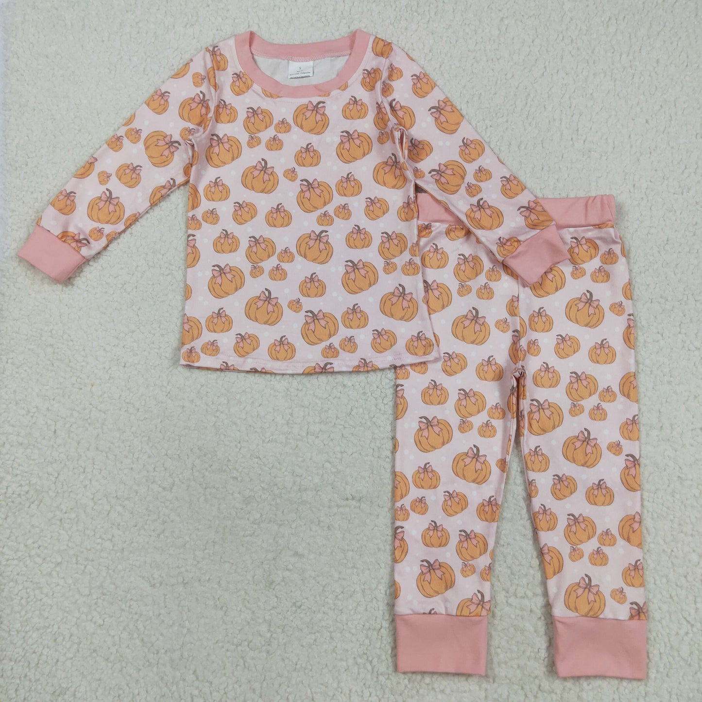 RTS NO MOQ（In Stock) GLP2416 Light Pink Long-Sleeved Pants Pajama Set with Bow Pumpkin Pattern