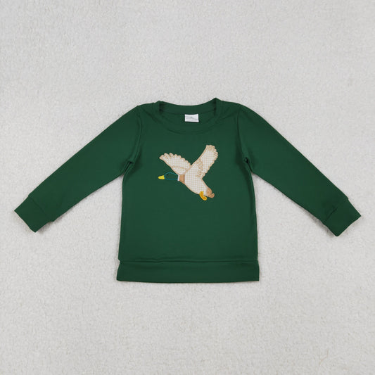 RTS NO MOQ（In Stock) BT1334 Dark green long-sleeved top with embroidered duck pattern