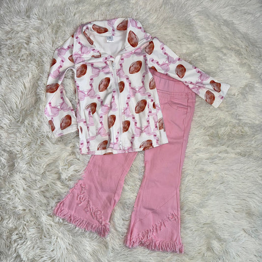 RTS NO MOQ（In Stock) GT1088+P0463 yoga rugby bow zipper long sleeve top Pink tassel elastic waist denim pants sets