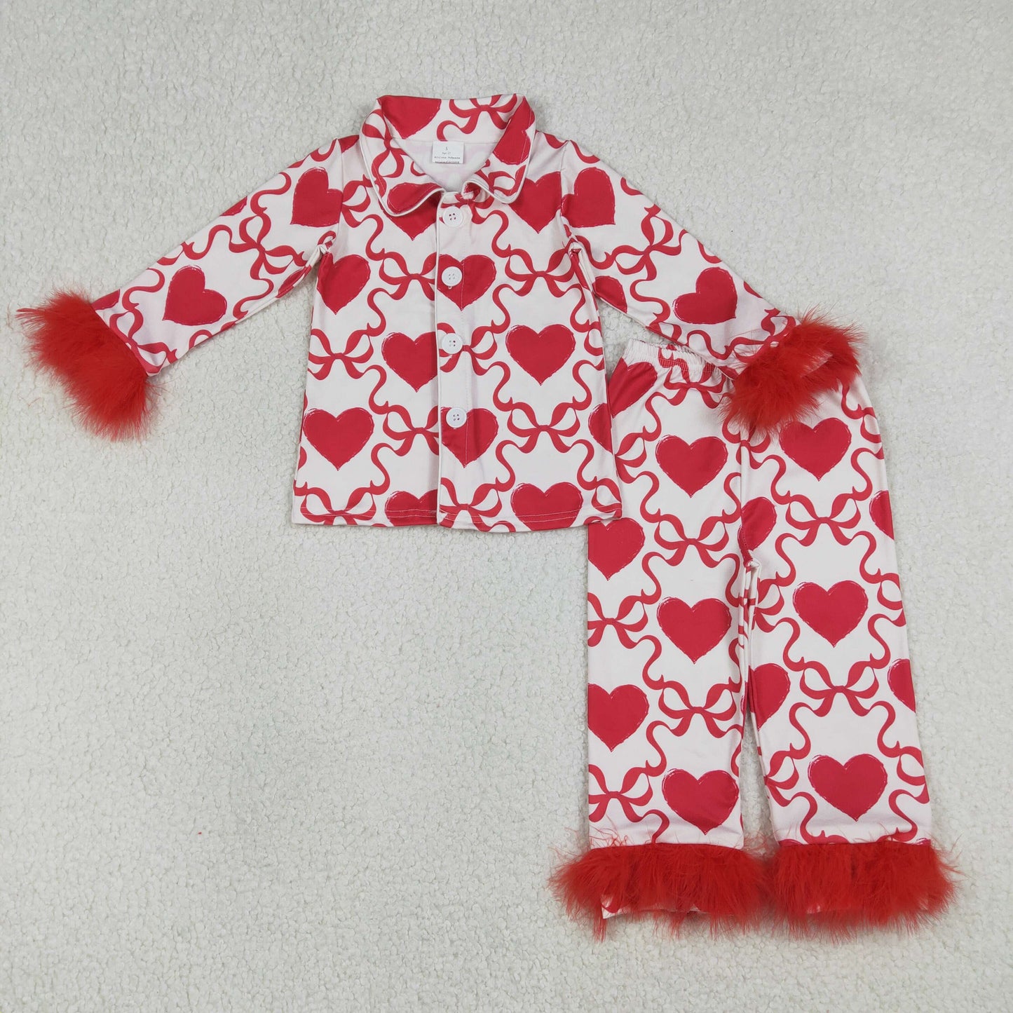 RTS NO MOQ（In Stock ) GLP3221 Red long-sleeved pajama set with heart and bow design and fur trim