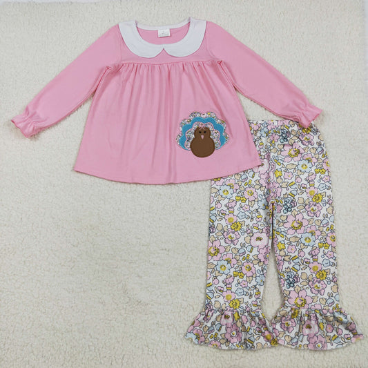 RTS NO MOQ（In Stock ) GLP2409 Embroidered turkey collar pink long sleeve flower pants set