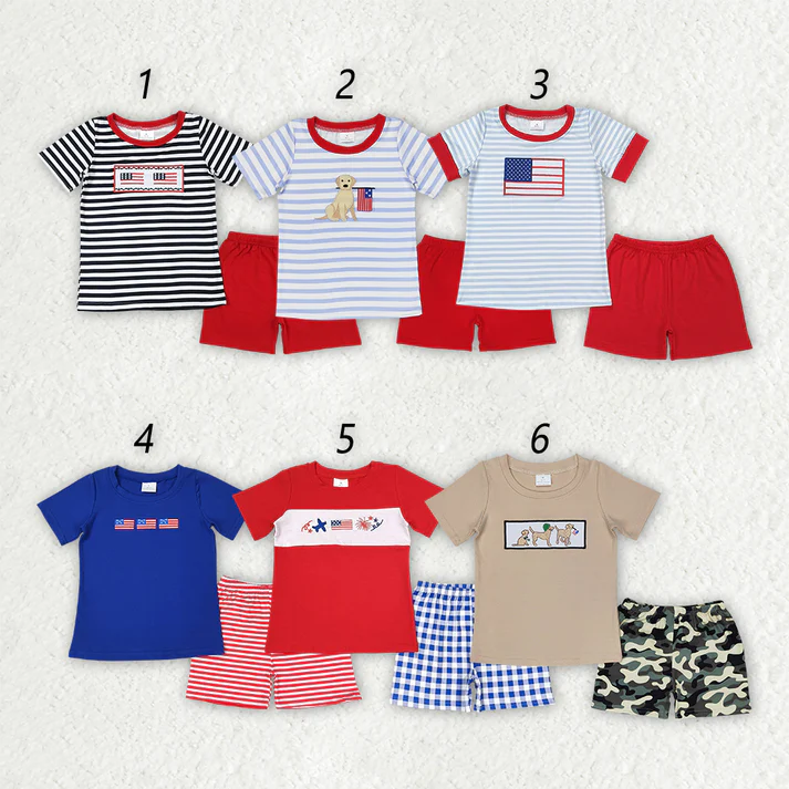 RTS NO MOQ baby boy Clothes 4th of july embroidery short sleeve shorts Sets