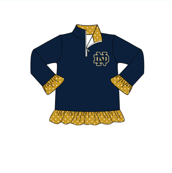 Deadline September 25 custom no moq eta 6-8weeks "Letter N" yellow polka dot lace cuffs and hem decoration navy blue zipper stand collar top