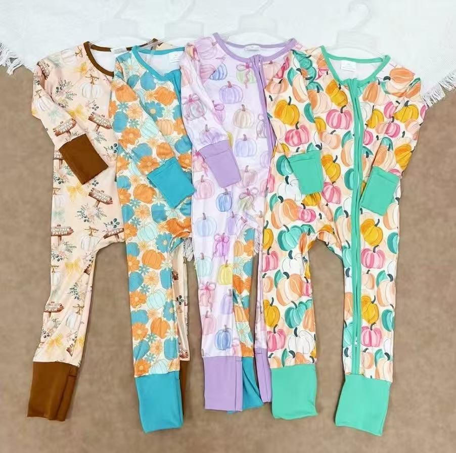 RTS NO MOQ Sibling Baby boy girl clothes Halloween pumpkin long Sleeve Romper Mixed Sizes