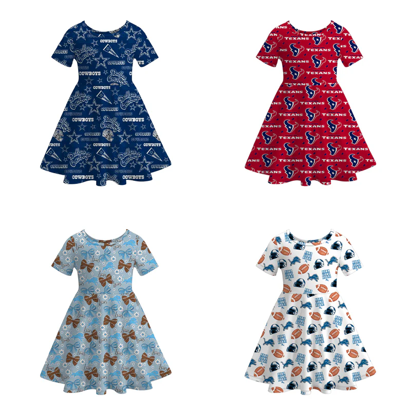 Custom moq 5 each style eta 6-7weeks milk silk baby girls summer team short sleeves dresses 4-25.7.16