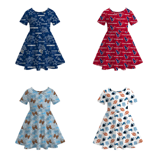 Custom moq 5 each style eta 6-7weeks milk silk baby girls summer team short sleeves dresses 4-25.7.16