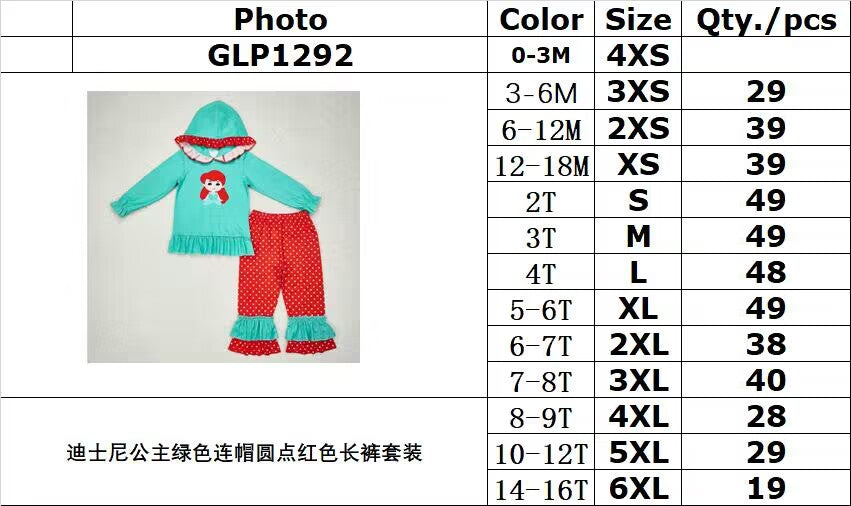 Cute Clothes  GLP1292Baby Girls Green Hooded Top Ruffles Pants Clothes Sets