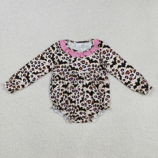 RTS NO MOQ（In Stock) LR2473 Halloween Bat Leopard Print Pink Lace Long-Sleeved Bodysuit