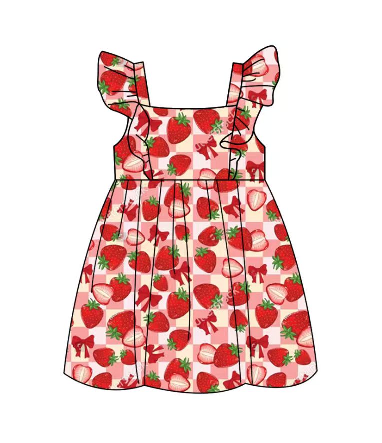 Custom moq 5 mix size milk silk baby girl clothes strawberry bow flying sleeve shorts sets and dresses 2