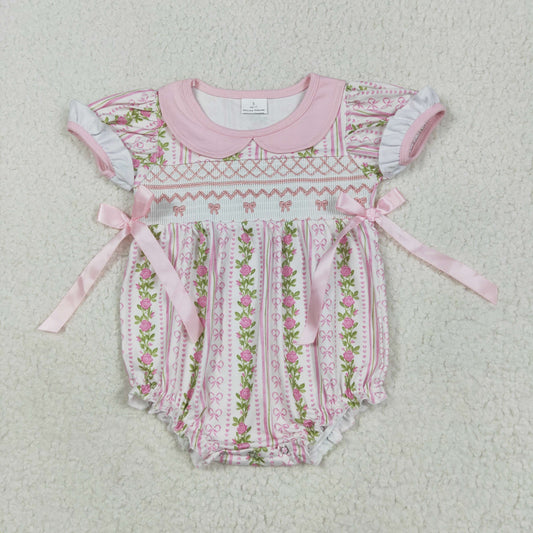 RTS NO MOQ SR2994 Embroidered bow pattern flower pink doll collar short-sleeved jumpsuit