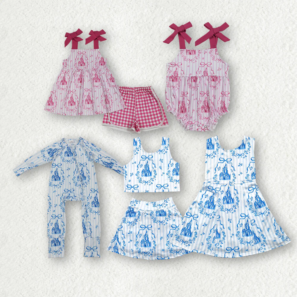 RTS NO MOQ Sibling baby Girls clothes yoga castle short sleeve Clothes Sets dress and sets and rompers