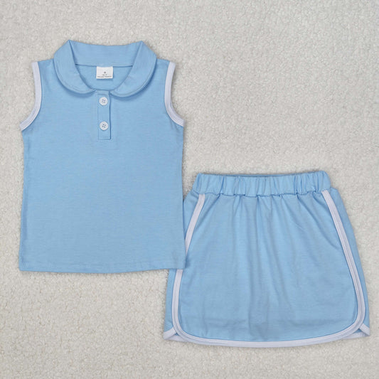 RTS NO MOQ ETA 5/7days Arrived GSD1974 Pure blue collared sleeveless pants skirt set