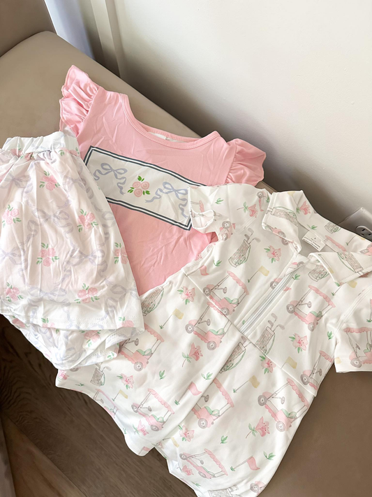 RTS NO MOQ Sibling baby girls clothes Blue bow pattern flower pink flying sleeves culottes set and yoga dress