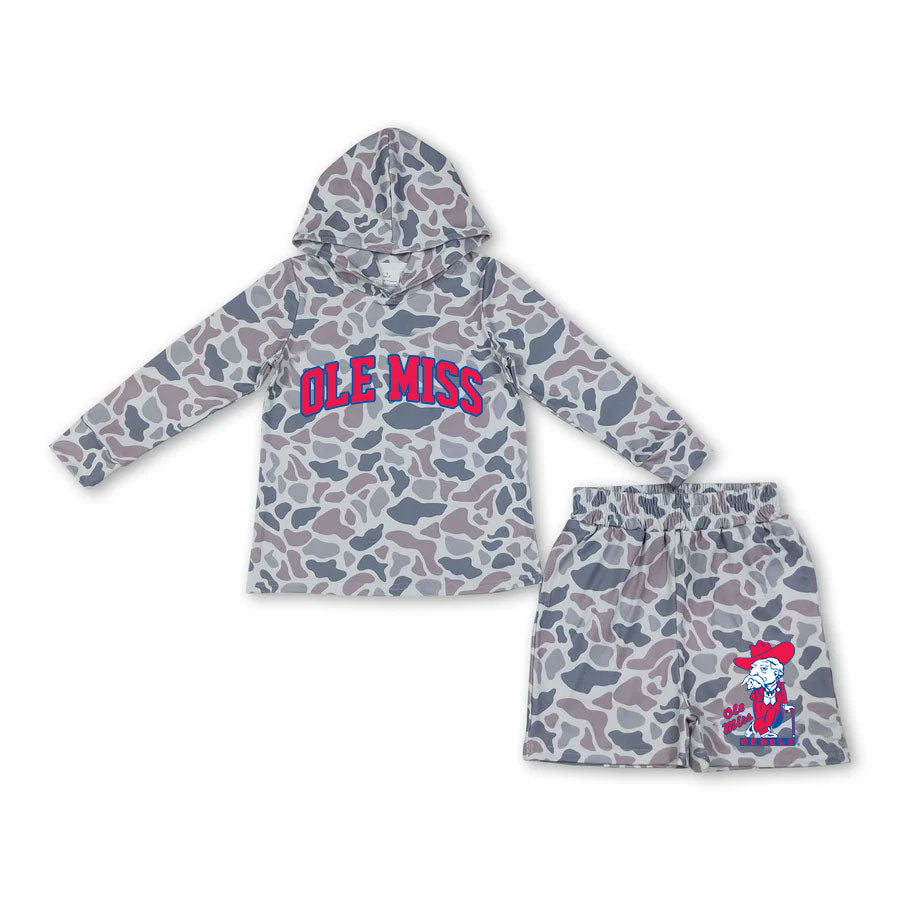 custom moq 5 mix size BAPY01 Baby Kids Camo Print Hooded Long Sleeve Top And Matching Shorts Outfit Set