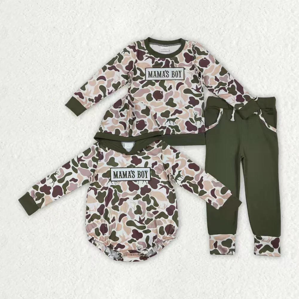 RTS NO MOQ Sibling Baby boy clothes embroidery mama long-sleeved trousers suit & rompers
