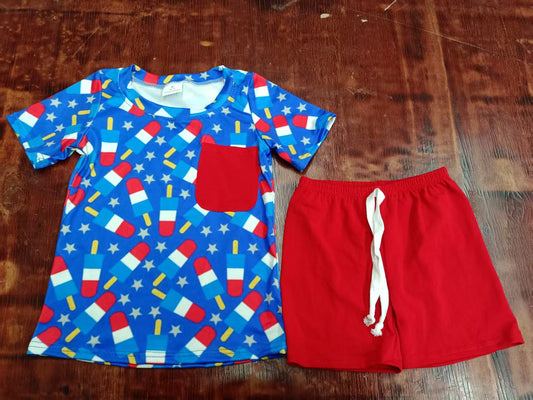 Custom moq 3 eta 6-7weeks baby boy clothes blue and red Short Sleeve Shorts Set