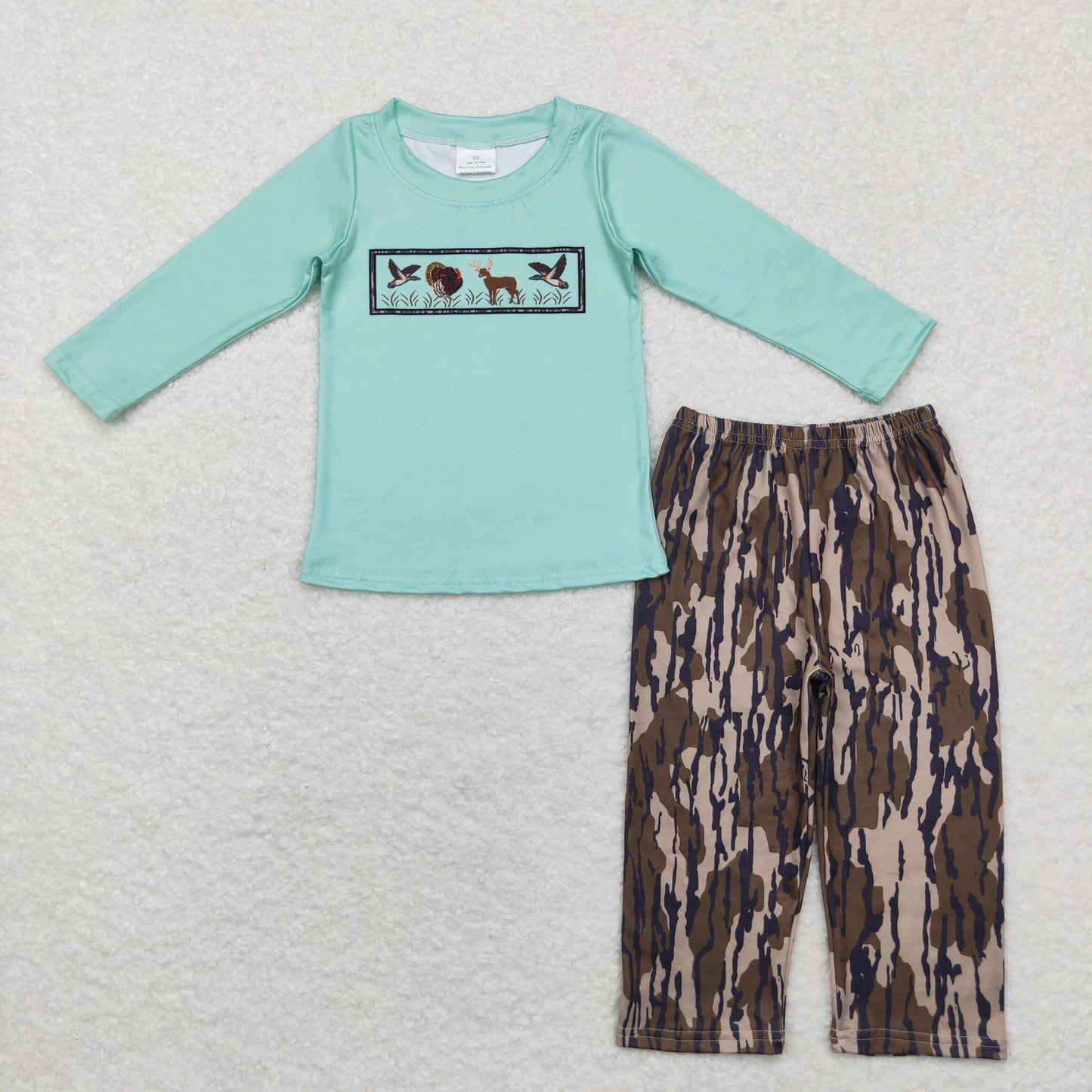rts no moq BLP0777 Duck pattern aqua long sleeve brown camouflage trousers set