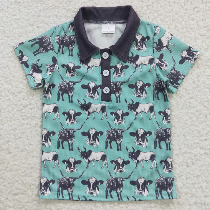 RTS NO MOQ Sibling Baby kid clothes pullover cow head button short sleeve tops