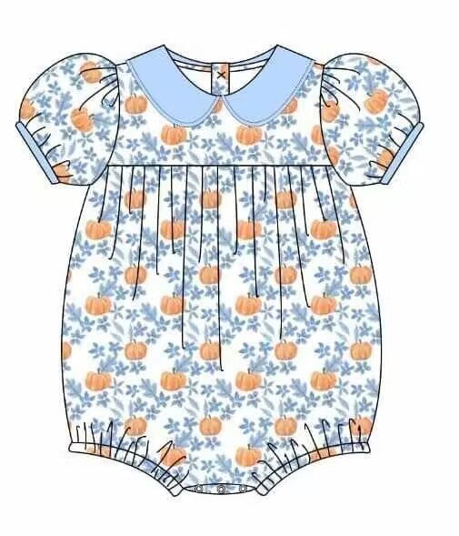 custom moq 5 eta 6-7 weeks baby girls clothes pumpkin blue Short Sleeve Western Romper