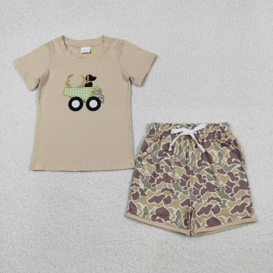 RTS NO MOQ（In Stock) Embroidered Antler Puppy Truck Short-Sleeve Camouflage Shorts Set
