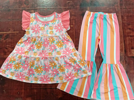 custom moq 5 eta 4-6weeks mix size baby girls clothes floral pink flying sleeve colorful striped pants sets