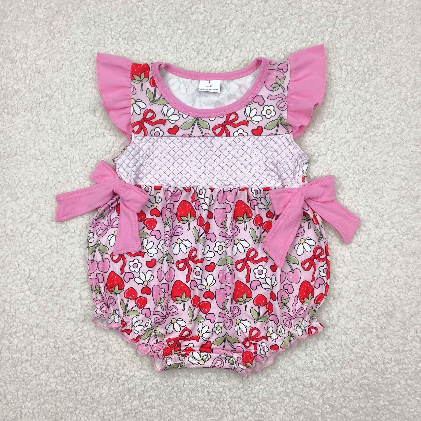RTS NO MOQ SR2953 Embroidered flower strawberry bow pattern pink flying sleeves vest jumpsuit