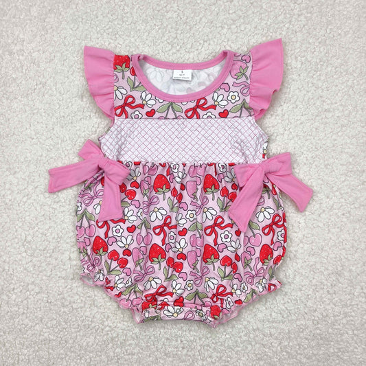 RTS NO MOQ SR2953 Embroidered flower strawberry bow pattern pink flying sleeves vest jumpsuit
