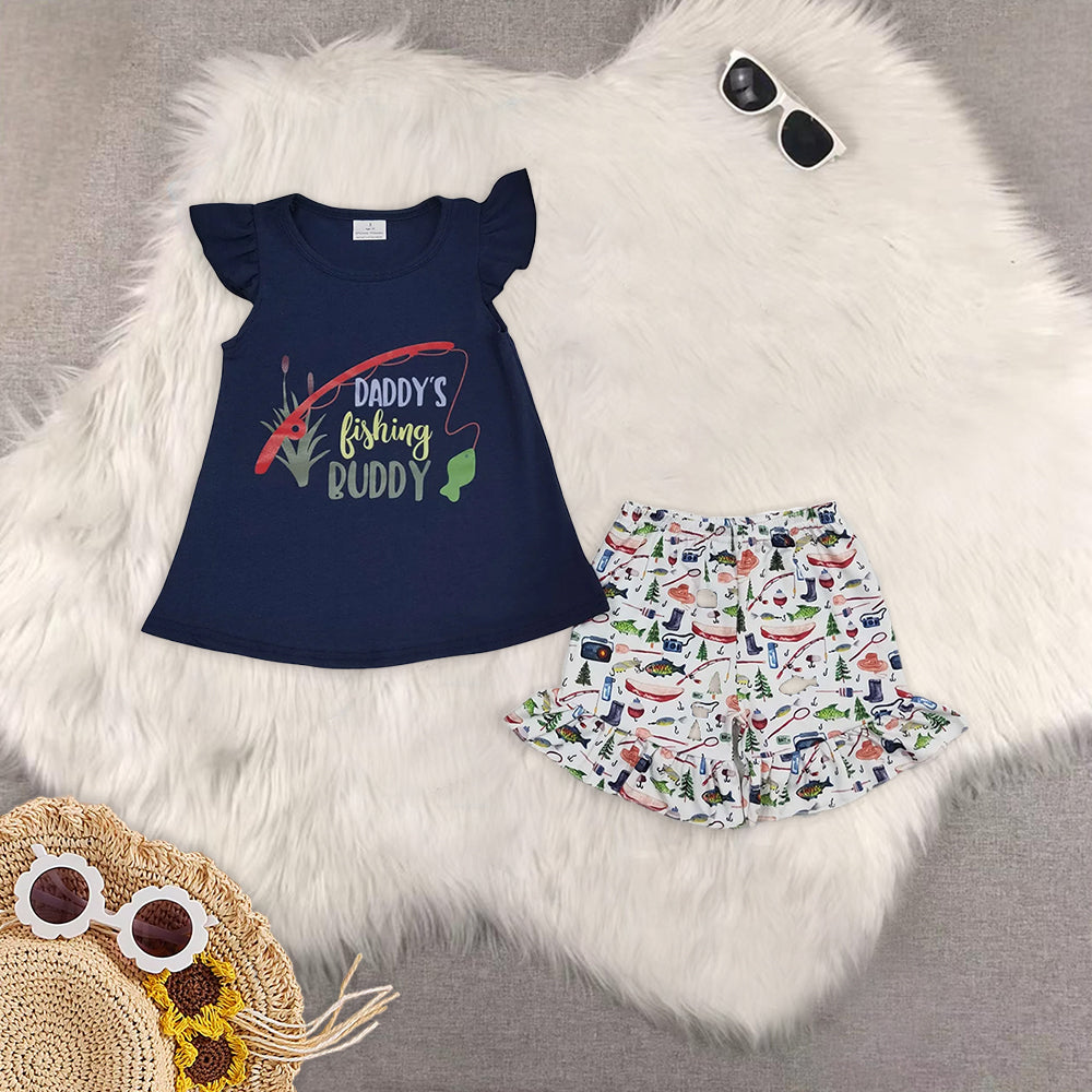 RTS NO MOQ baby girls clothes offset daddys fishing navy blue short sleeve Clothes Sets