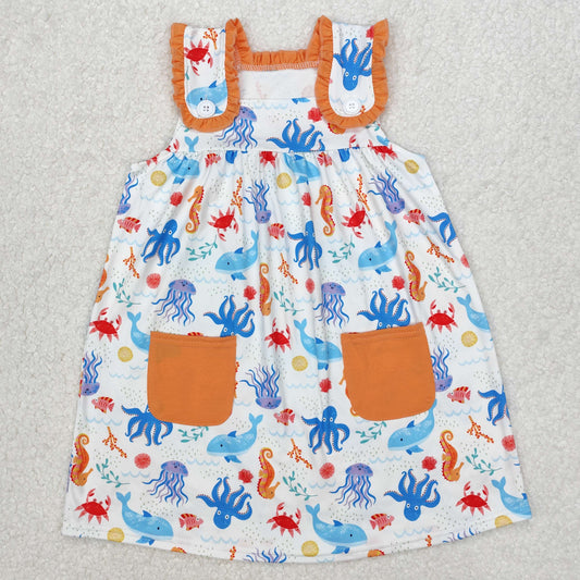 RTS NO MOQ ETA 5/7days Arrived GSD1961 Seahorse octopus underwater animal orange pocket lace sleeveless dress