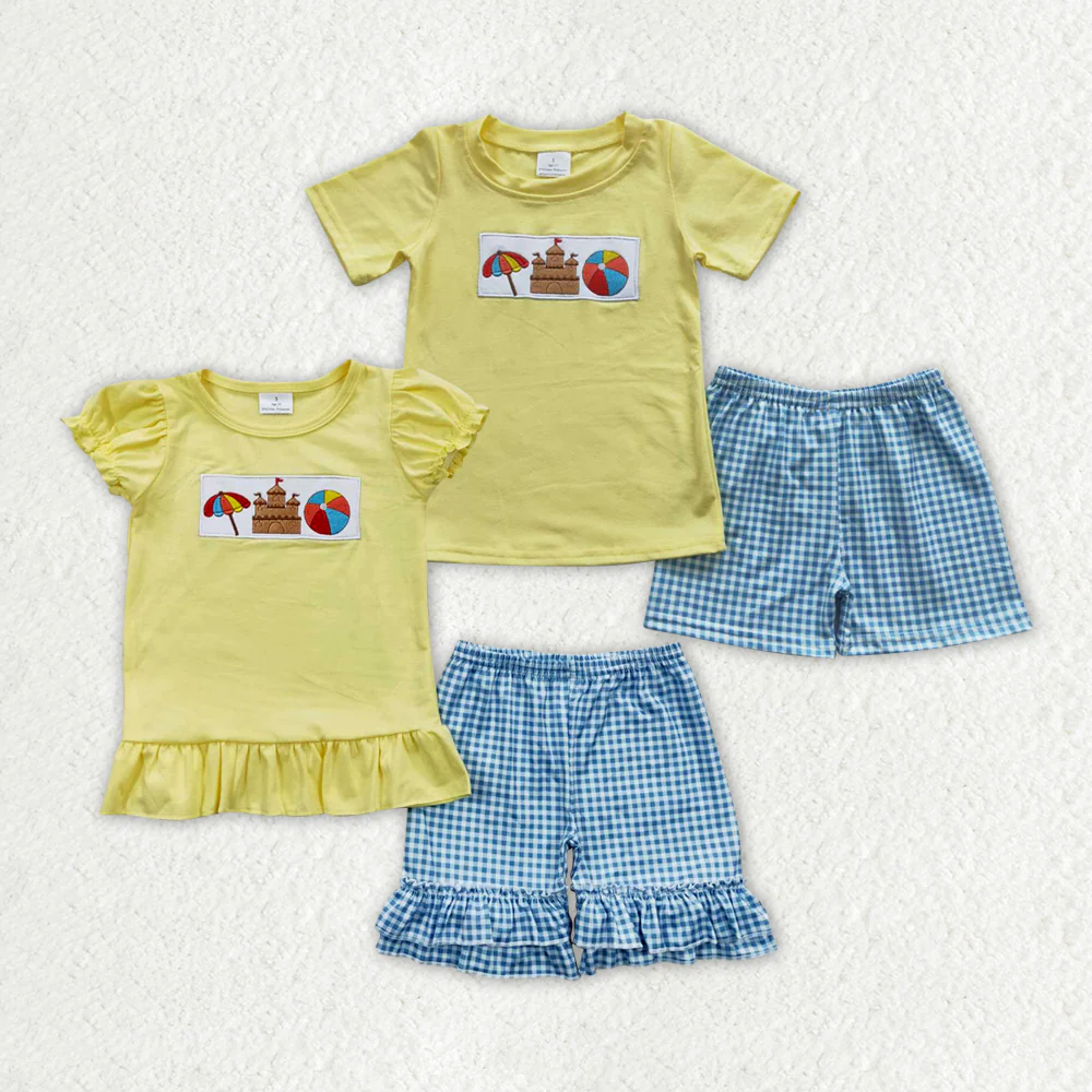 RTS Boys and girls embroidery beach Short Sleeve Shorts sets
