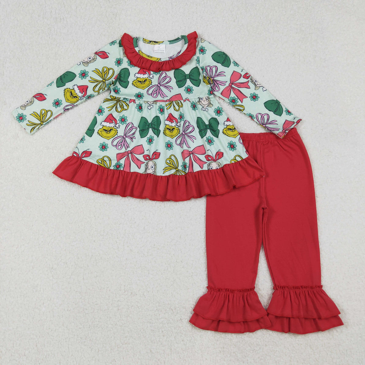 RTS NO MOQ（In Stock) GLP2651 Green long-sleeved pantsuit with girl bow