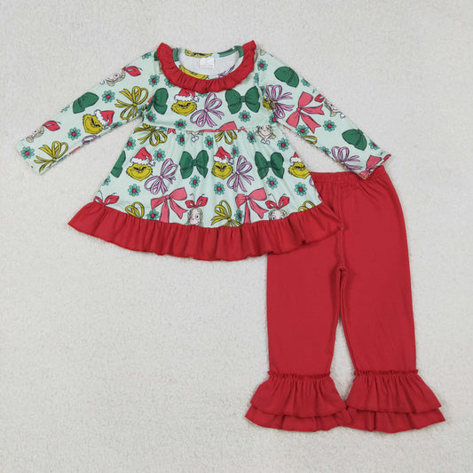 RTS NO MOQ（In Stock) GLP2651 Green long-sleeved pantsuit with girl bow